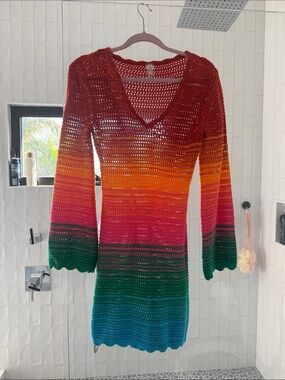 PQ Swim Gradient Crochet V-Neck Coverup Dress - Red Orange Pink Green Blue